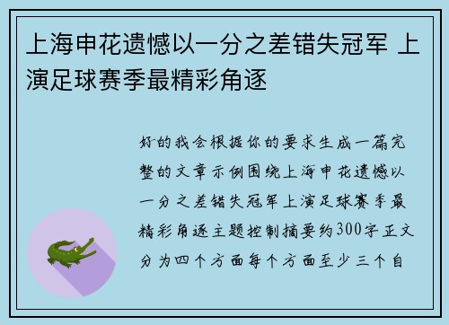 上海申花遗憾以一分之差错失冠军 上演足球赛季最精彩角逐