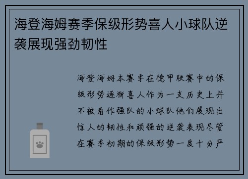 海登海姆赛季保级形势喜人小球队逆袭展现强劲韧性